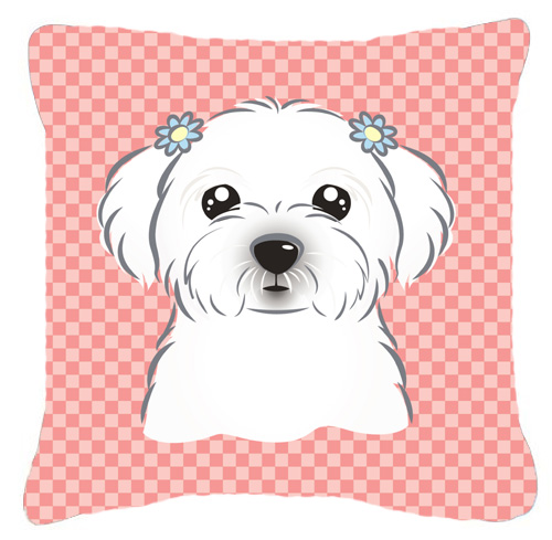 Checkerboard Pink Maltese Fabric Decorative Pillow- 18 x 18 In.