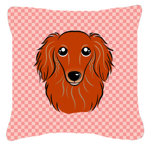 Checkerboard Pink Longhair Red Dachshund Fabric Decorative Pillow- 18 x 18 In.