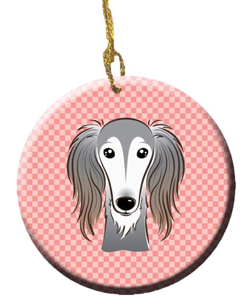 Checkerboard Pink Saluki Ceramic Ornament, 2.81 In.
