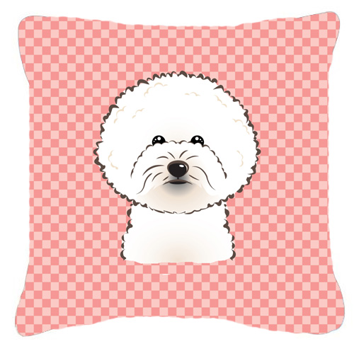 Checkerboard Pink Bichon Frise Fabric Decorative Pillow, 18 x 18 In.