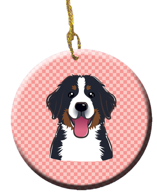 BB1237CO1 Checkerboard Pink Bernese Mountain Dog Ceramic Ornament- 2.81 In.