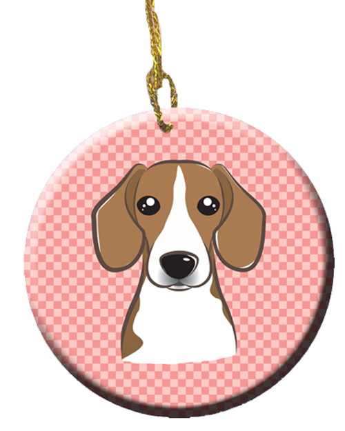 Checkerboard Pink Beagle Ceramic Ornament, 2.81 In.