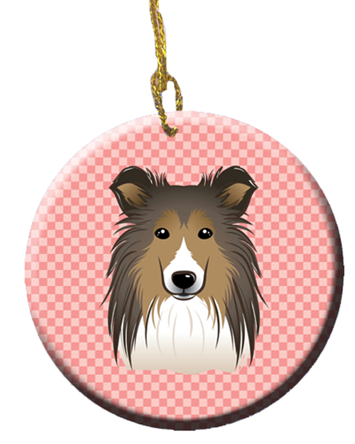 Checkerboard Pink Sheltie Ceramic Ornament, 2.81 In.