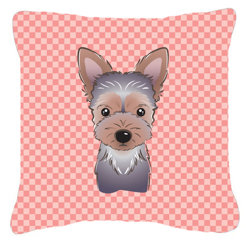 Checkerboard Pink Yorkie Puppy Fabric Decorative Pillow- 18 x 18 In.