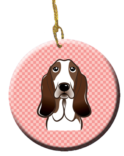 Checkerboard Pink Basset Hound Ceramic Ornament, 2.81 In.