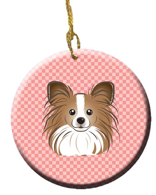 Checkerboard Pink Papillon Ceramic Ornament, 2.81 In.