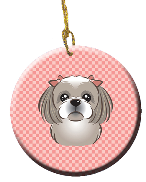 Checkerboard Pink Gray Silver Shih Tzu Ceramic Ornament- 2.81 In.