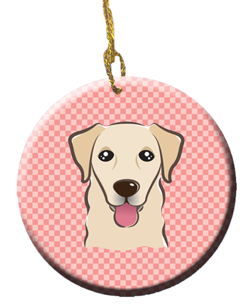 Checkerboard Pink Golden Retriever Ceramic Ornament, 2.81 In.