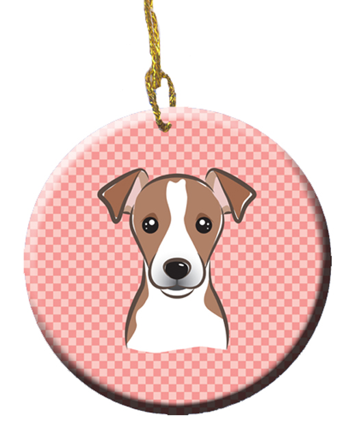 Checkerboard Pink Jack Russell Terrier Ceramic Ornament, 2.81 In.