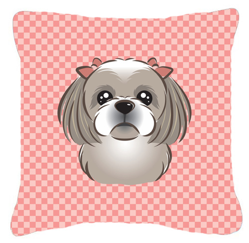 Checkerboard Pink Gray Silver Shih Tzu Fabric Decorative Pillow- - 18 x 18 In.