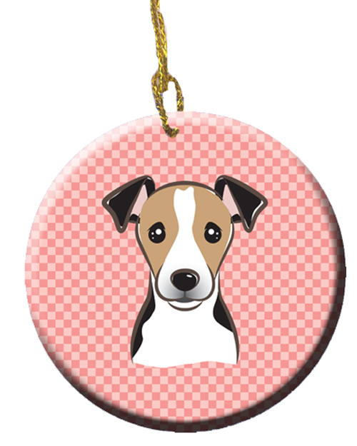 Checkerboard Pink Jack Russell Terrier Ceramic Ornament, 2.81 In.