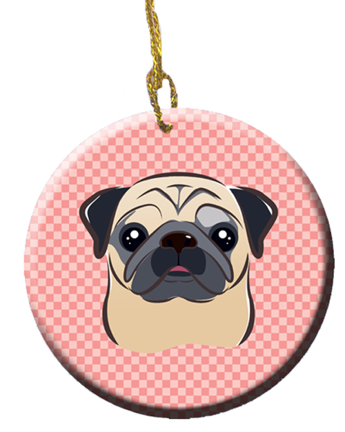 Checkerboard Pink Fawn Pug Ceramic Ornament - 2.81 In.