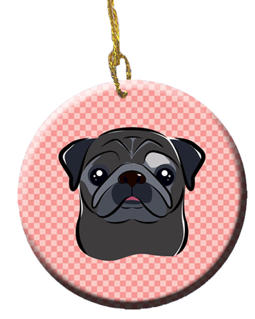 Checkerboard Pink Black Pug Ceramic Ornament, 2.81 In.