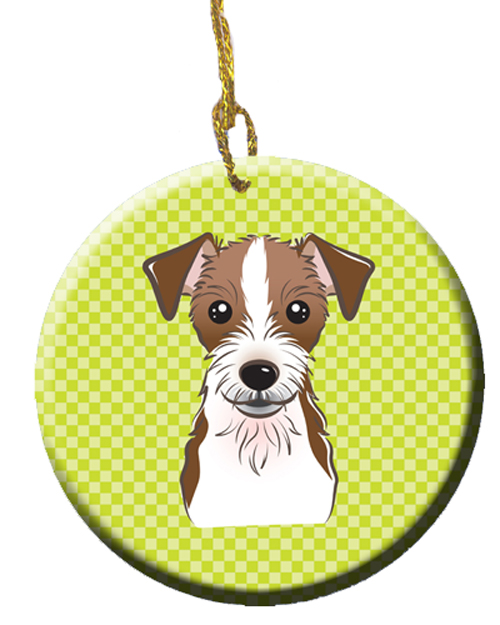 Checkerboard Lime Green Jack Russell Terrier Ceramic Ornament, 2.81 In.