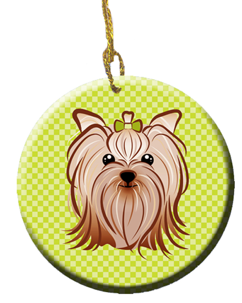 Checkerboard Lime Green Yorkie Yorkishire Terrier Ceramic Ornament, 2.81 In.