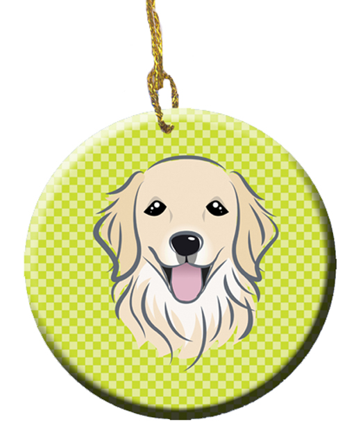 Checkerboard Lime Green Golden Retriever Ceramic Ornament, 2.81 In.