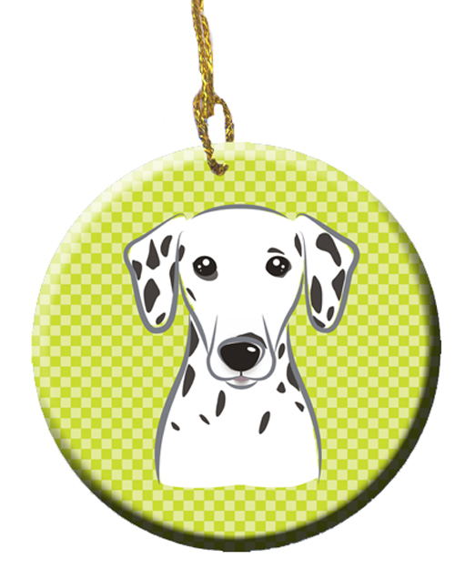 Checkerboard Lime Green Dalmatian Ceramic Ornament, 2.81 In.