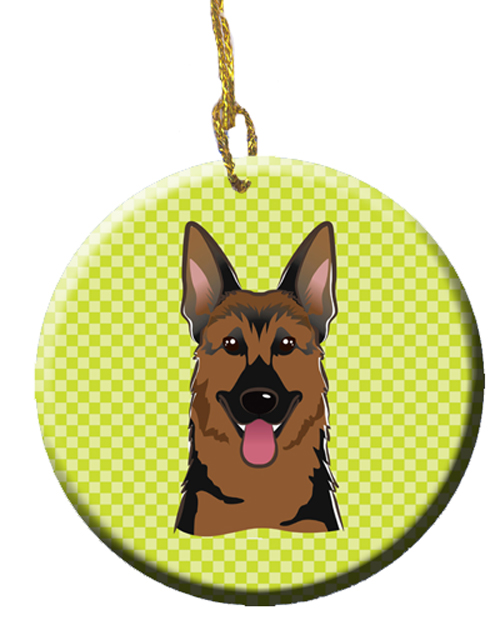 Checkerboard Lime Green German Shepherd Ceramic Ornament, 2.81 In.
