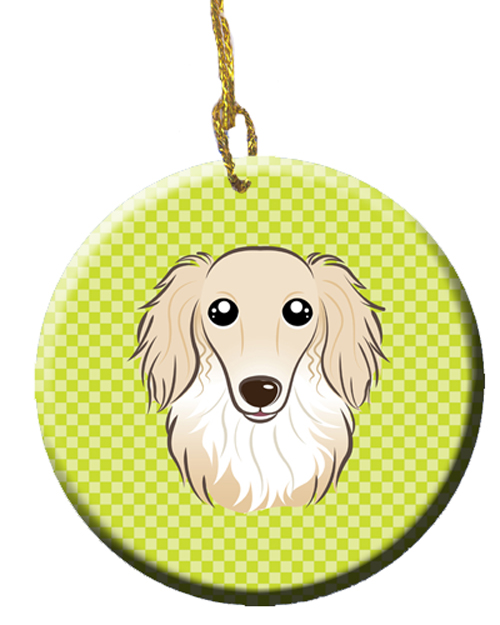 BB1274CO1 Checkerboard Lime Green Longhair Creme Dachshund Ceramic Ornament- 2.81 In.