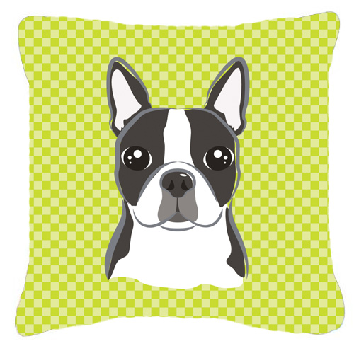 Checkerboard Lime Green Boston Terrier Fabric Decorative Pillow- - 18 x 18 In.