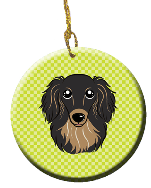 Checkerboard Lime Green Longhair Black And Tan Dachshund Ceramic Ornament, 2.81 In.