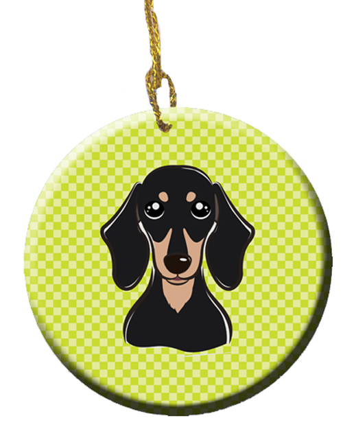 Checkerboard Lime Green Smooth Black And Tan Dachshund Ceramic Ornament- 2.81 In.