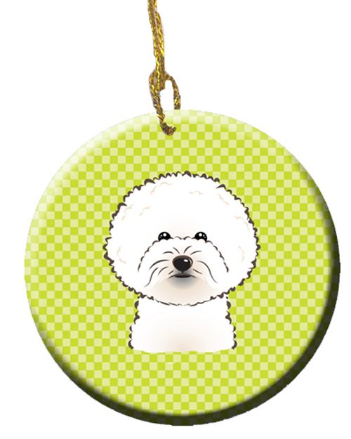 Checkerboard Lime Green Bichon Frise Ceramic Ornament, 2.81 In.
