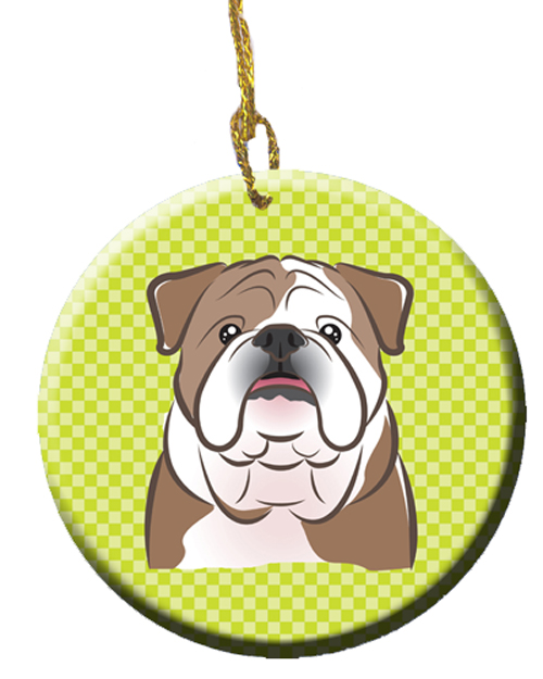 Checkerboard Lime Green English Bulldog Ceramic Ornament, 2.81 In.