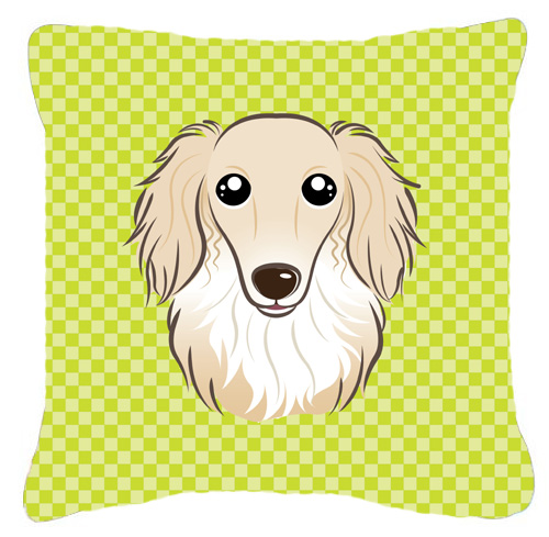 BB1274PW1818 Checkerboard Lime Green Longhair Creme Dachshund Fabric Decorative Pillow- 18 x 18 In.