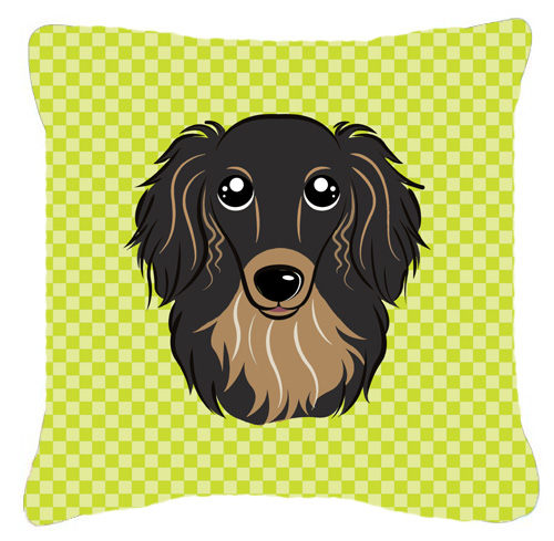 Checkerboard Lime Green Longhair Black And Tan Dachshund Fabric Decorative Pillow- 18 x 18 In.