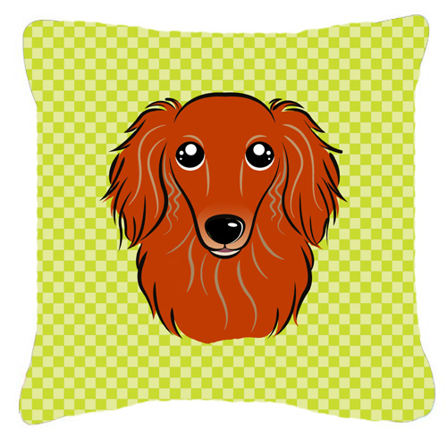 BB1276PW1818 Checkerboard Lime Green Longhair Red Dachshund Fabric Decorative Pillow- 18 x 18 In.