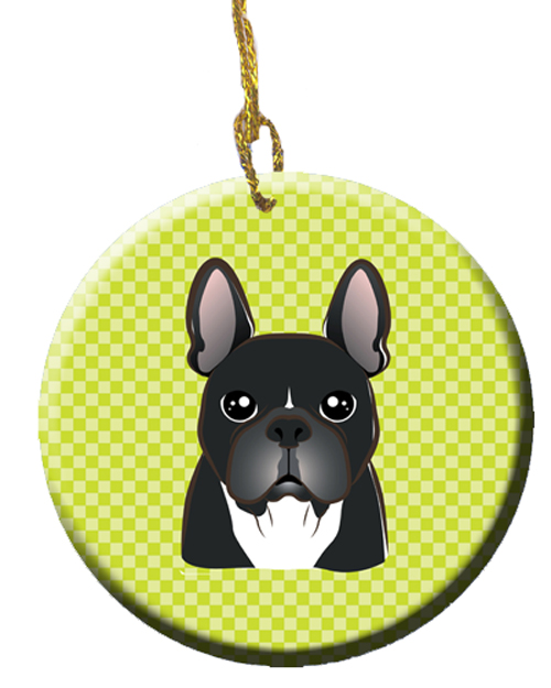 Checkerboard Lime Green French Bulldog Ceramic Ornament, 2.81 In.