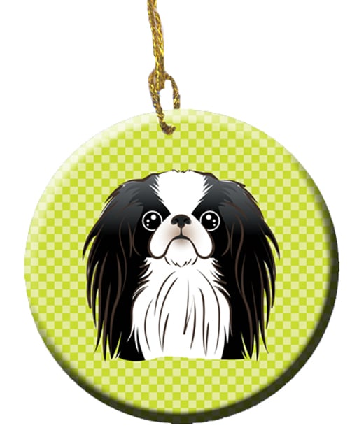 Checkerboard Lime Green Japanese Chin Ceramic Ornament, 2.81 In.