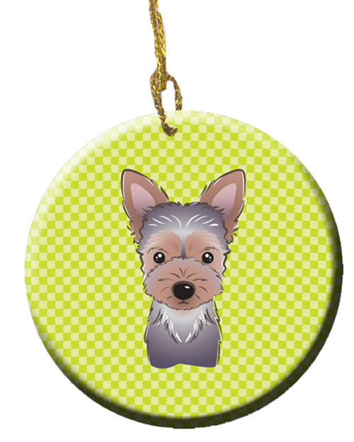 Checkerboard Lime Green Yorkie Puppy Ceramic Ornament, 2.81 In.