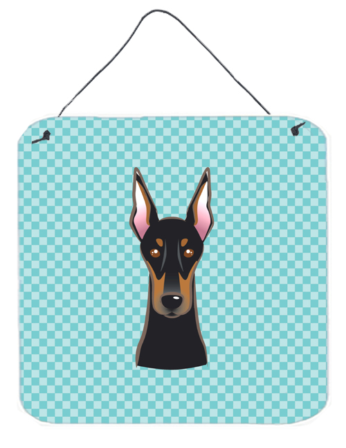 Checkerboard Blue Doberman Aluminum Metal Wall Or Door Hanging Prints, 6 x 6 In.