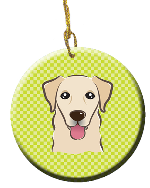 Checkerboard Lime Green Golden Retriever Ceramic Ornament, 2.81 In.