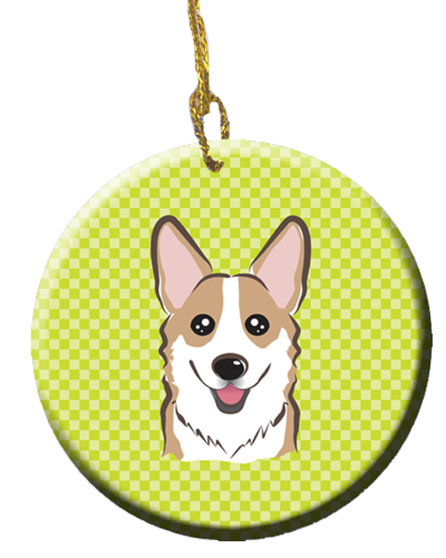 Checkerboard Lime Green Corgi Ceramic Ornament, 2.81 In.