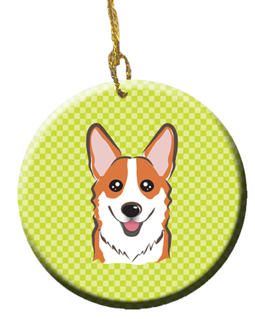 Checkerboard Lime Green Corgi Ceramic Ornament, 2.81 In.