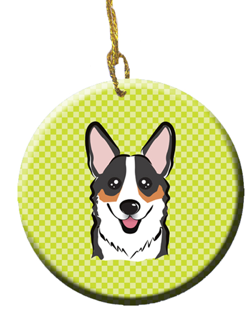 Checkerboard Lime Green Corgi Ceramic Ornament, 2.81 In.