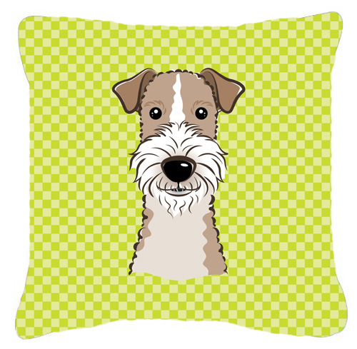 Checkerboard Lime Green Wire Haired Fox Terrier Fabric Decorative Pillow- 18 x 18 In.