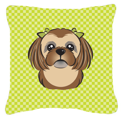 Checkerboard Lime Green Chocolate Brown Shih Tzu Fabric Decorative Pillow- 18 x 18 In.