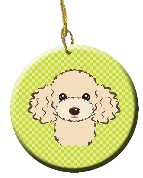 Checkerboard Lime Green Buff Poodle Ceramic Ornament - 2.81 In.