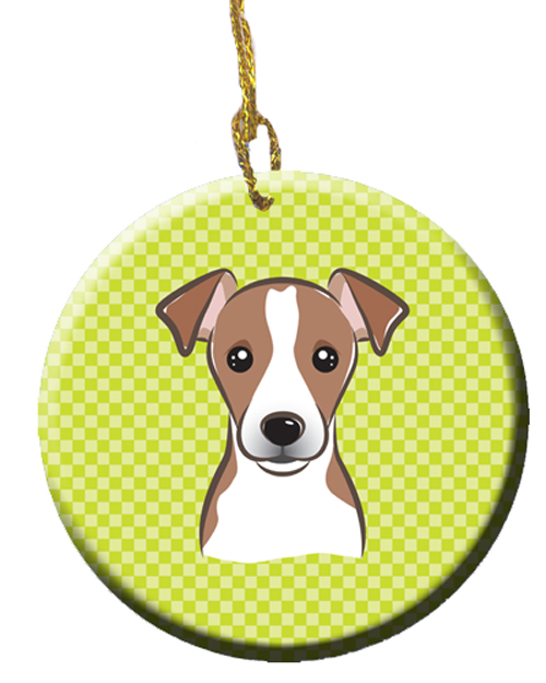 Checkerboard Lime Green Jack Russell Terrier Ceramic Ornament, 2.81 In.