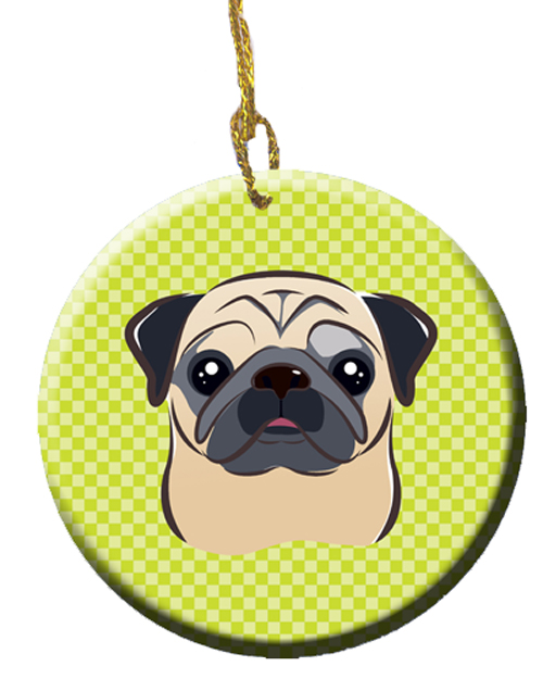 Checkerboard Lime Green Fawn Pug Ceramic Ornament, 2.81 In.