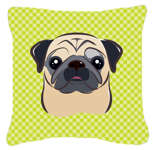 Checkerboard Lime Green Fawn Pug Fabric Decorative Pillow 18 x 18 In.
