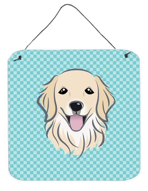 Checkerboard Blue Golden Retriever Aluminum Metal Wall Or Door Hanging Prints, 6 x 6 In.