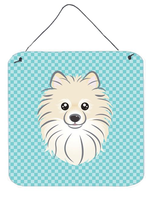 Checkerboard Blue Pomeranian Aluminum Metal Wall Or Door Hanging Prints, 6 x 6 In.