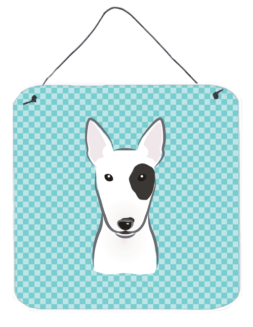 Checkerboard Blue Bull Terrier Aluminum Metal Wall Or Door Hanging Prints, 6 x 6 In.