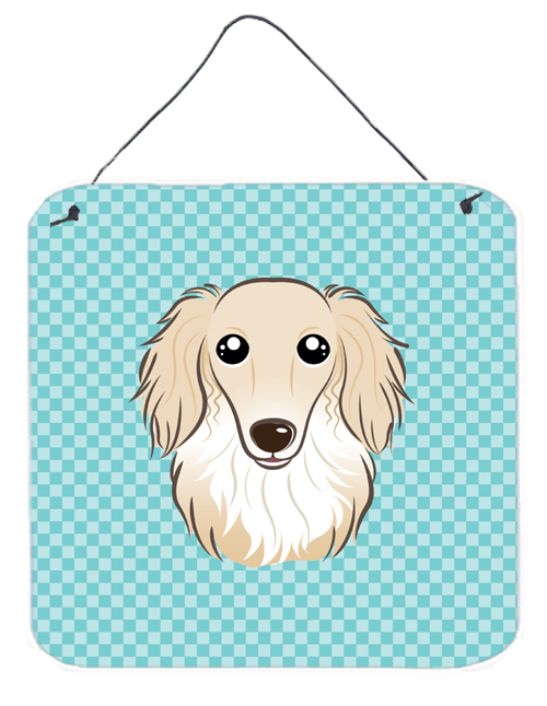 Checkerboard Blue Longhair Creme Dachshund Aluminum Metal Wall Or Door Hanging Prints- 6 x 6 In.
