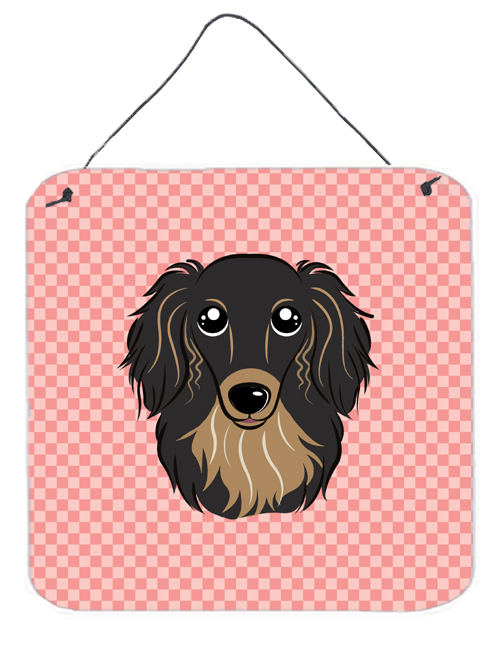 BB1213DS66 Checkerboard Pink Longhair Black And Tan Dachshund Aluminum Metal Wall Or Door Hanging Prints- 6 x 6 In.